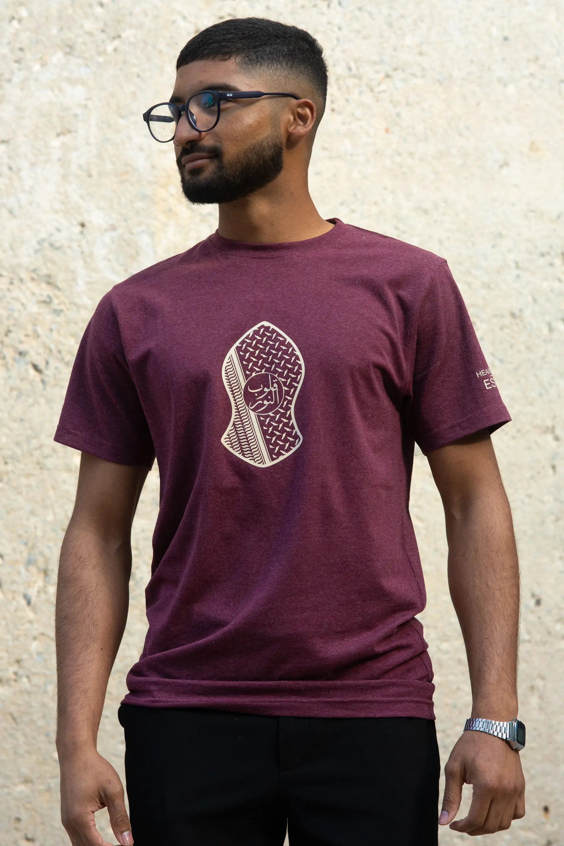 Maroon t-shirt, front, showing the chest logo